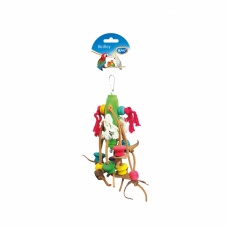 DUVO+ Игрушка для птиц "Подвеска деревянная с кожанными полосками и хлопком", разноцветная, 23см